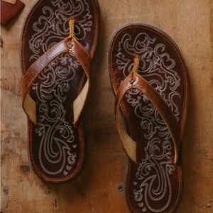 OluKai Brown Leather Sandals with Paisley Pattern